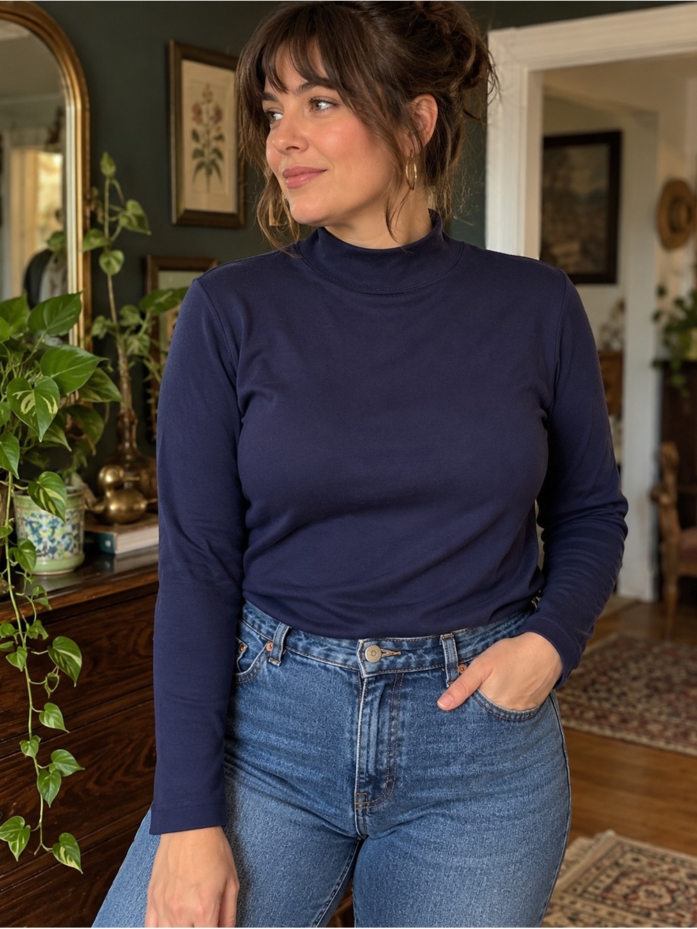 Vintage Northern Traditions Navy Mock Neck Long Sleeve Top Made in Canada S